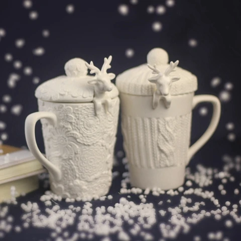 

Christmas gift lovely lace wool embossed ceramic cup creative elk spoon mug with lid cup milk kawaii cup cups and mugs