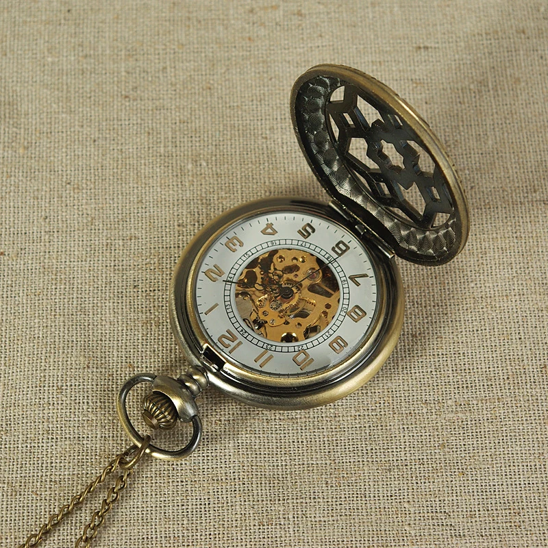 Luxury Steampunk Mechanical Pocket Watch for Men Women Skeleton Case Vintage Flower Roman Numerals Dial Fob Chain Pendant Clock