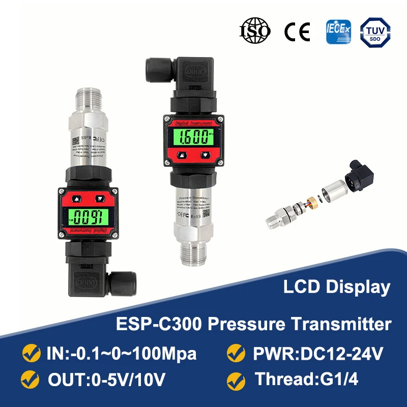 

ESP-C300 Pressure Measurment -0.1-0-100Mpa Output 0-5V/10V LCD Pressure Transmitter Water Tank Oil Gas Sensor G1/4 Connector