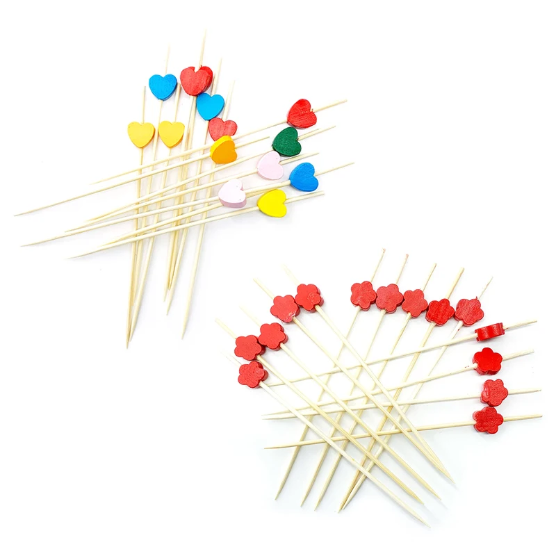 

100pcs 12cm Heart Flower Bamboo Pick Buffet Cupcake Fruit Fork Party Dessert Salad Stick Cocktail Skewer For Wedding Decoration