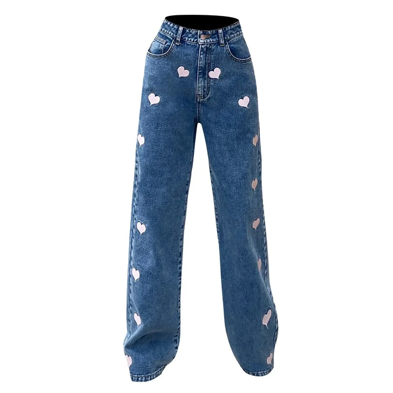 Women's High Waist Loose Solid Color Love Print Denim Pants 2021 Casual Fashion Design Comfortable Jeans Female Streetwear Pop