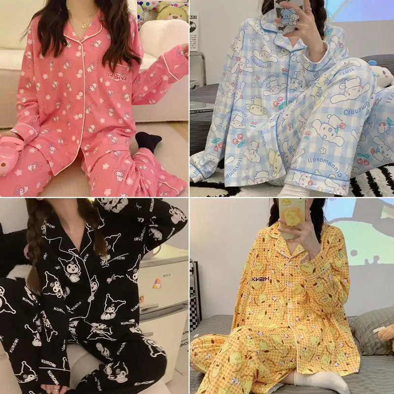 

Autumn Kuromi Pajamas Female Sanrios Long Sleeve Cardigan Anime Figure Cinnamoroll Kawaii My Melody Cartoon Tracksuit Set