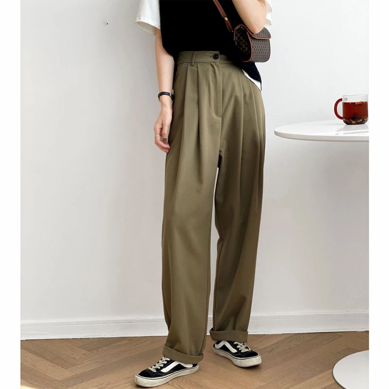 

Casual Loose Long Pants Female Elastic High Waist Wide Leg Women Trousers 2021 Spring Summer Ladies Solid Suit Pants
