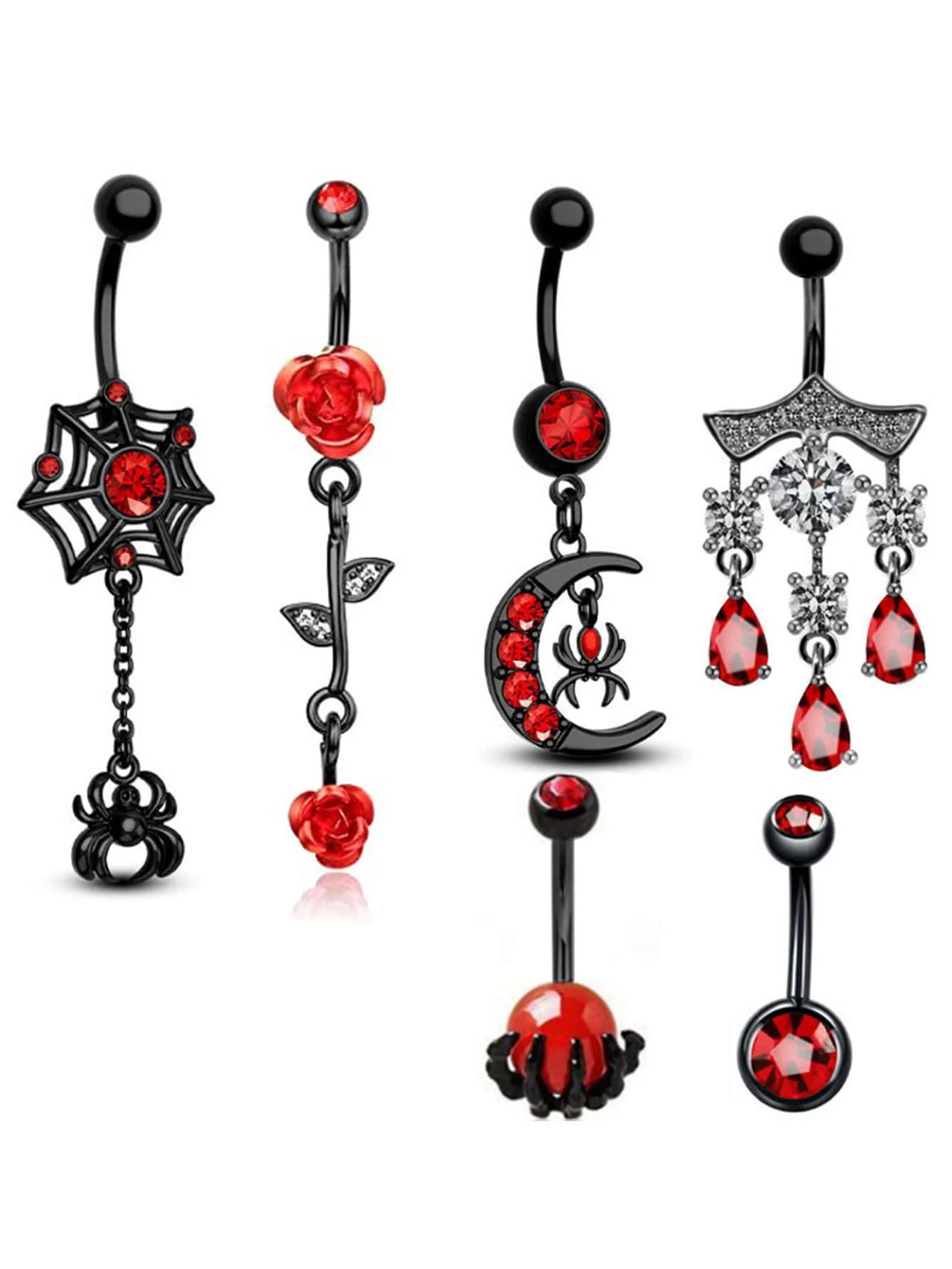 

6 Pcs/set Bat Spider Theme Belly Button Ring Set Inlaid Shiny Zircon Halloween Body Piercing Jewelry Set