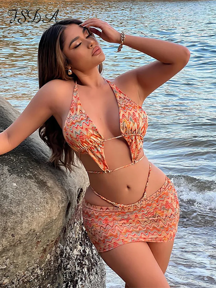 

FSDA Y2K Print Beach Women Outfits Sexy Halter Neck Crop Top And Mini Skirts Party Three Piece Sets Bikini Club 2022 Summer