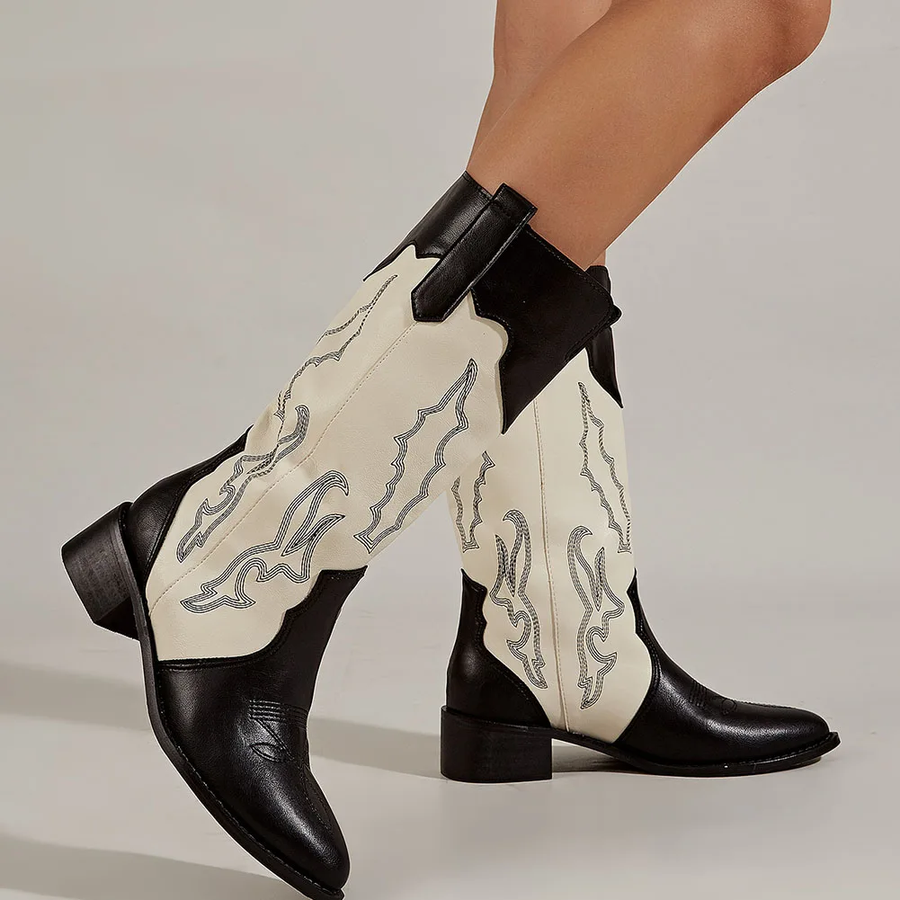 

Отличная сделка 2023 винтажные черные Лоскутные белые женские ковбойские ботинки без шнуровки на массивном каблуке обувь в западном стиле