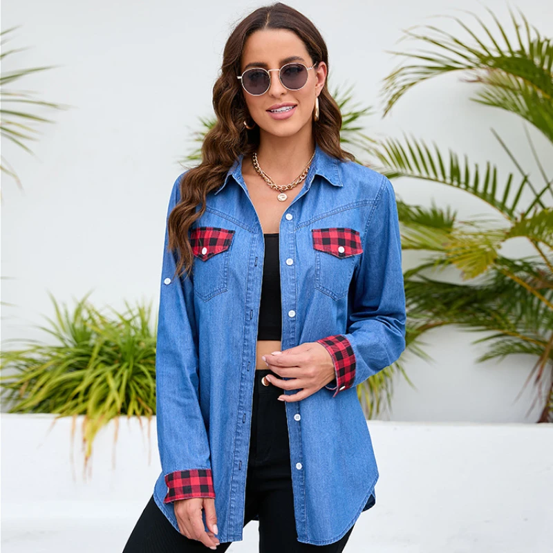 

2022 solid color lapel ladies denim cardigan plaid stitching single-breasted denim long sleeve shirt shirts seda natural