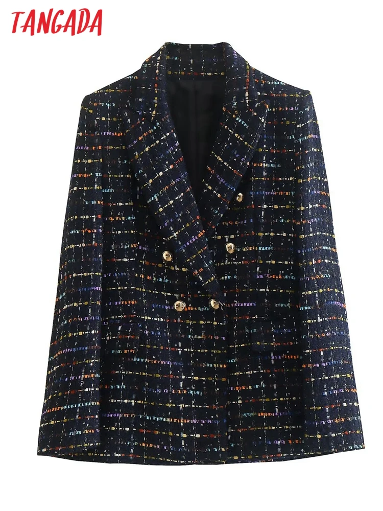 

Tangada 2022 Women Colorful Yarn Tweed Double Breasted Blazer Coat Vintage Long Sleeve Flap Pockets Female Suit 4M186