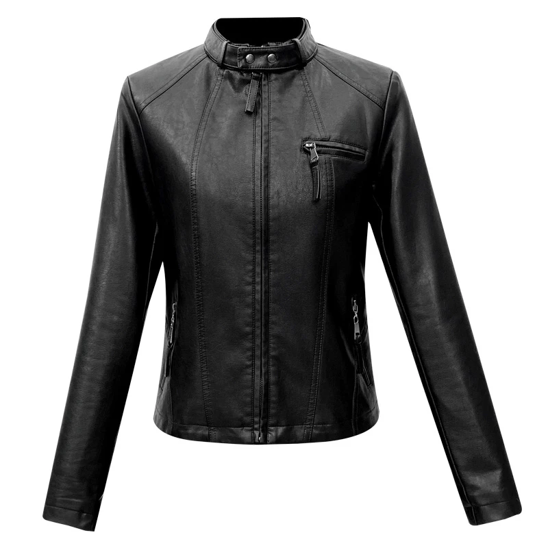 New Women Stand Collar Biker Jacket Spring Autumn Casual Zipper Short Slim Sheepskin Jacket Fashion Moto Outerwear Split Leather