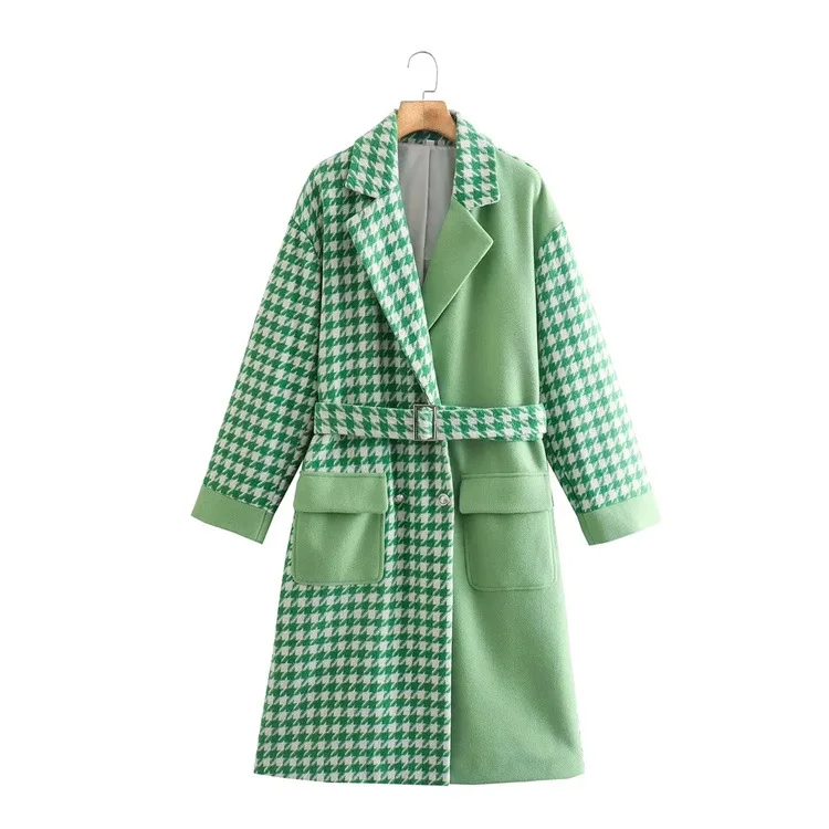 

Light and Familiar Color Women's Matching Houndstooth Woolen Coat Breasted Long Coat Autumn and Winter New Belted Top
