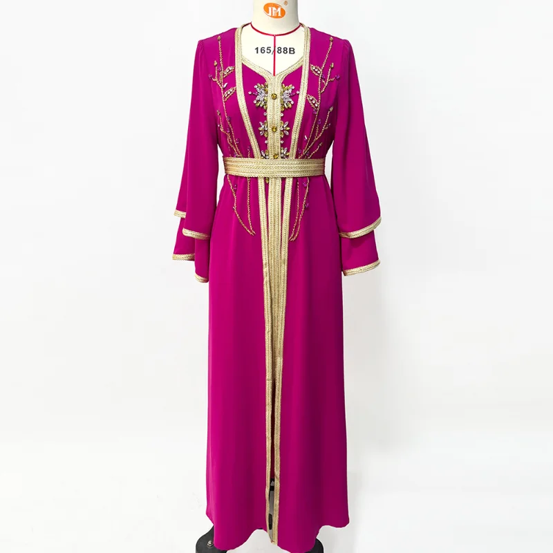 Eid-al-Adha Party Evening Abaya Dress Set for Women Gorgeous Rhinestone Golden Tape Trim Moroccan Caftan Arab Dubai 2 Pieces Set