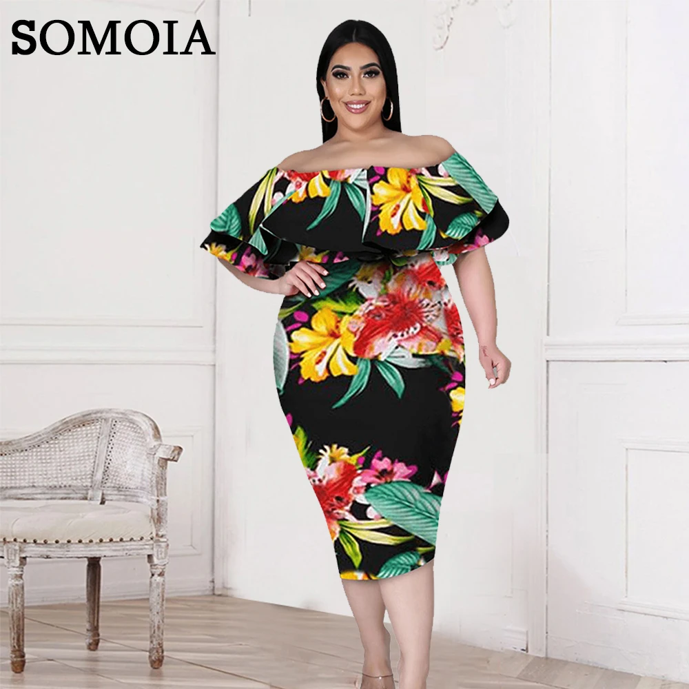 

SOMOIA XL-5XL Plus Size Women Clothing Casual Floral Print Slash-Neck Slim Fit Sexy Party Evening Dress Wholesale Dropshipping