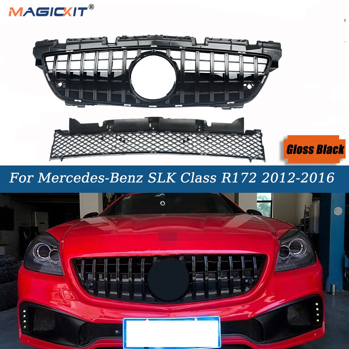 

Gloss Black Front Bumper Grille+Lower Grill For Mercedes Benz SLK Class R172 200 250 350 2012-2016 Brand New GT Style Grills