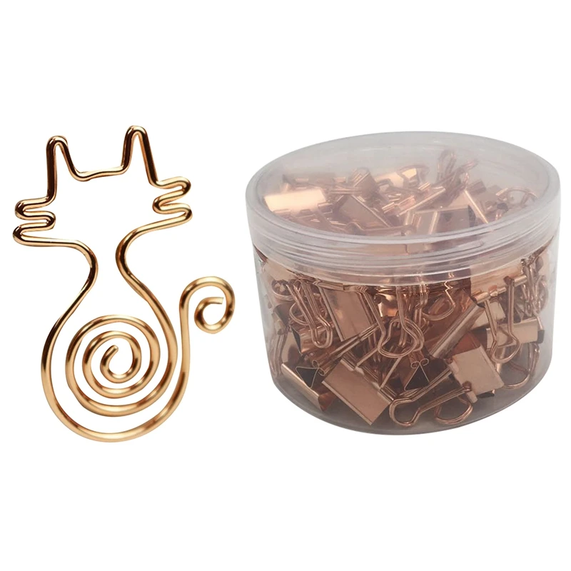

8 Pcs Rose Gold Kawaii Cat Paper Clips Bookmark Planner Tools & 100Pcs 19Mm Rose Gold Clamp Paper Binder Clips