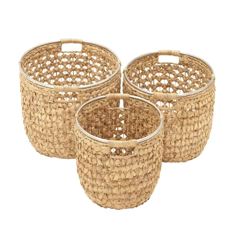 

Tan, Wicker Natural Dried Plant, Coastal Serene Basket Set of 3 15", 17", 19"W, featuring Rattan Weave Design and Metal Ring Han