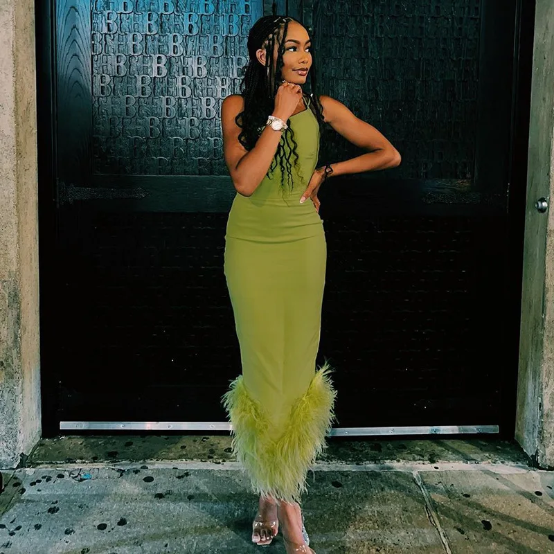 Women Sexy Feather Evening Dress One Shoulder Sleeveless Backless Party Dress Fashion Slim Waist Nightclub Dresses