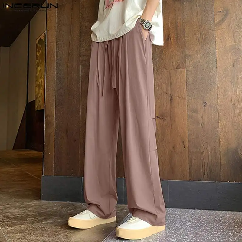 

INCERUN 2023 Korean Style Handsome Men Straight Trousers Thin Loose Casual Streetwear Male Pantalons Solid Color Long Pant S-5XL