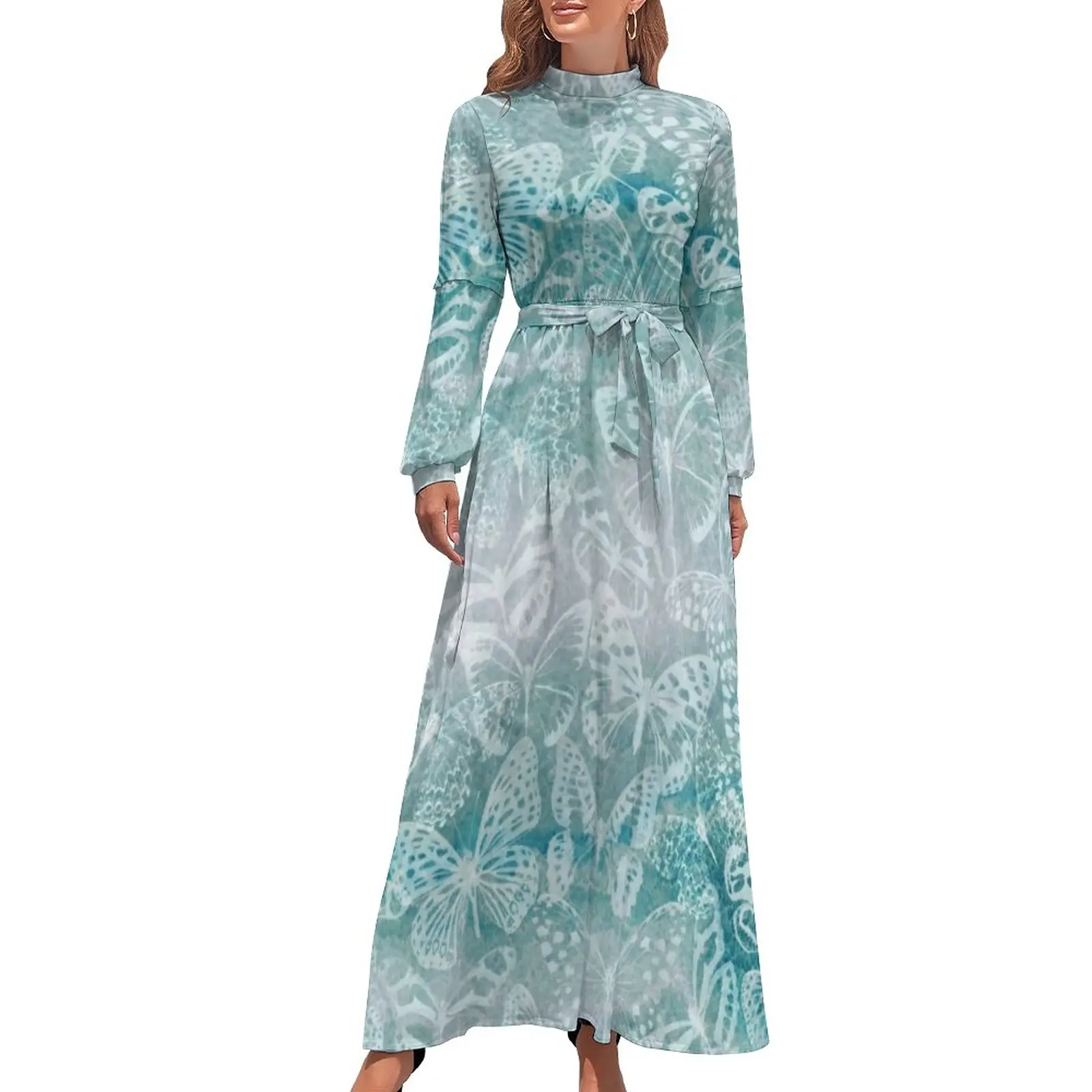 

Платье-бабочка с высоким воротником, Пляжное Платье с акварельным принтом животных, Длинное Элегантное эстетичное длинное платье макси с м...