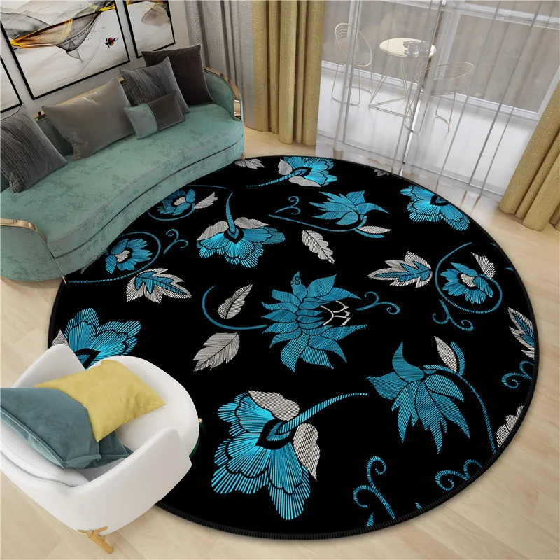 

Diamond Velvet Round Carpet for Living Room Europe Gold Blue Flower Printed Non-slip Floor Mats Bedroom Area Rugs Parlor Carpets