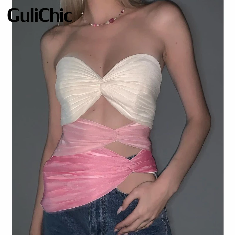 

8.27 GuliChic Women Fashion Sexy Hollow Out Pleated Contrast Color Sweetheart Neck Off Shoulder Ribbons Tank Top