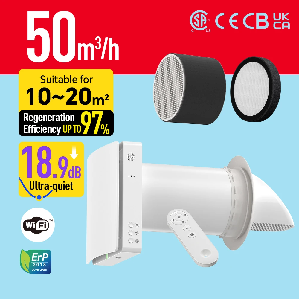 Фото Система вентиляции свежего воздуха Airwoods Ductless HRV для дома, без воздуховодов, от поставщика ERV для однокомнатных помещений №1