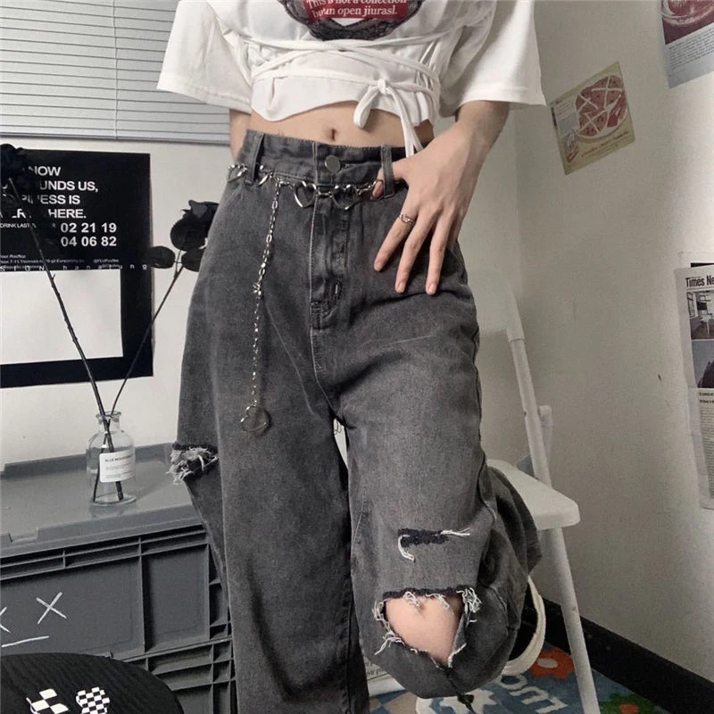 

New Design Loose Wide Leg Pants High Waist Ripped Denim Trousers Female Streetwear Dark Gray Jeans Women Boyfriend Jeans Women