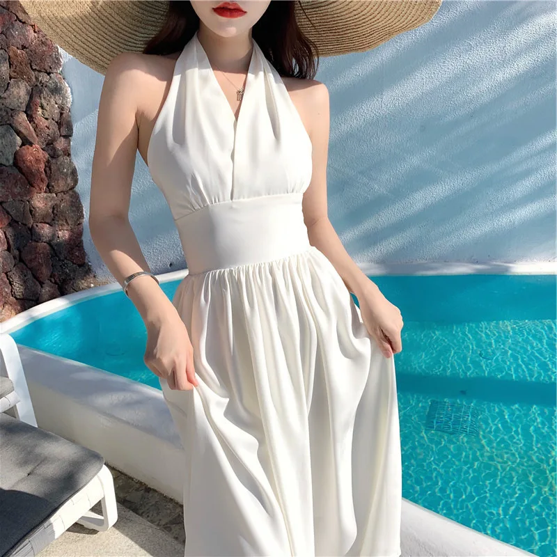 

Summer Sexy Neck-mounted Dress Women Midi Solid Color French Vintage Women Clothes Party Beach Style Vacation Vestido De Mujer