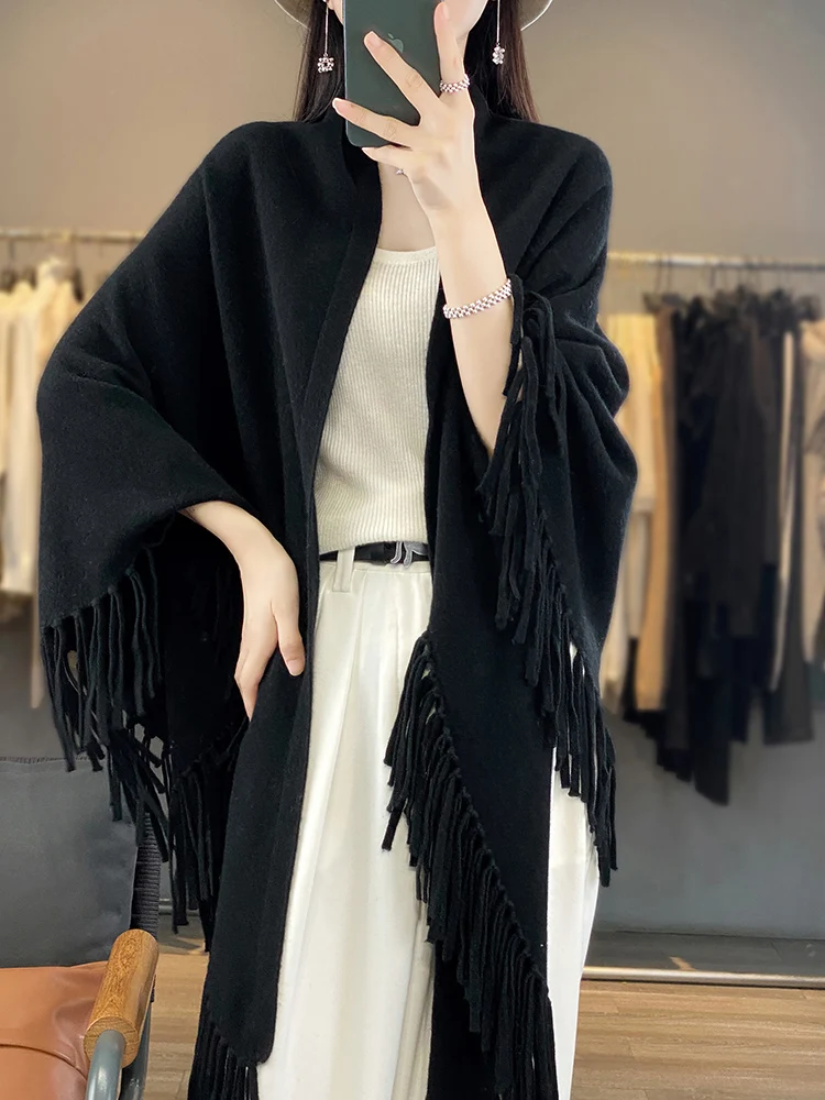 Осенне-зимний вязаный шарф из чистой шерсти 100% шаль Женская с большой кисточкой