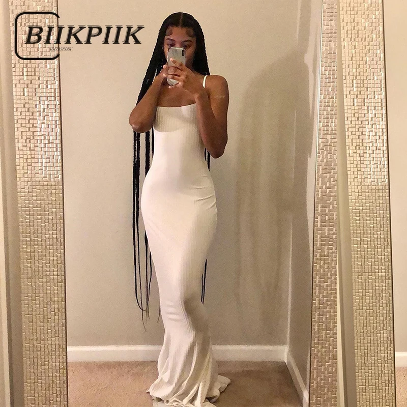 

BIIKPIIK Stunning Midnight Robe Female Concise Straps Slip Party Dresses Elegant 2022 Summer Floor-Length Sheath Sexy Maxi Dress