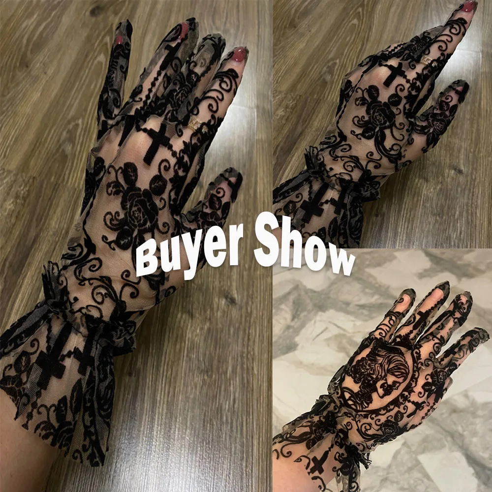 Skull Jacquard Black Lace Gloves Women Sunscreen Short Tulle Mesh Gloves Stretchy Halloween Gothic Lolita Party Accessories images - 6