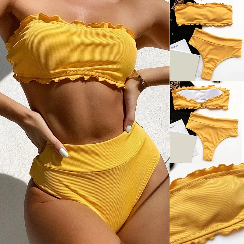 

Купальник-бикини с высокой талией, женский сексуальный комплект из 2 предметов без бретелек, летняя одежда для плавания, пляжный купальный к...