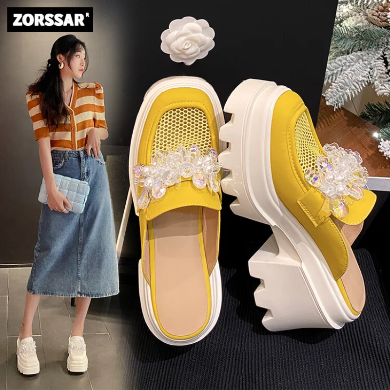 

Women Sandals Summer Fashion Luxury Crystal Mules Chunk High Heel Platform Slippers Breathable Leather Thick Bottom Woman Slides