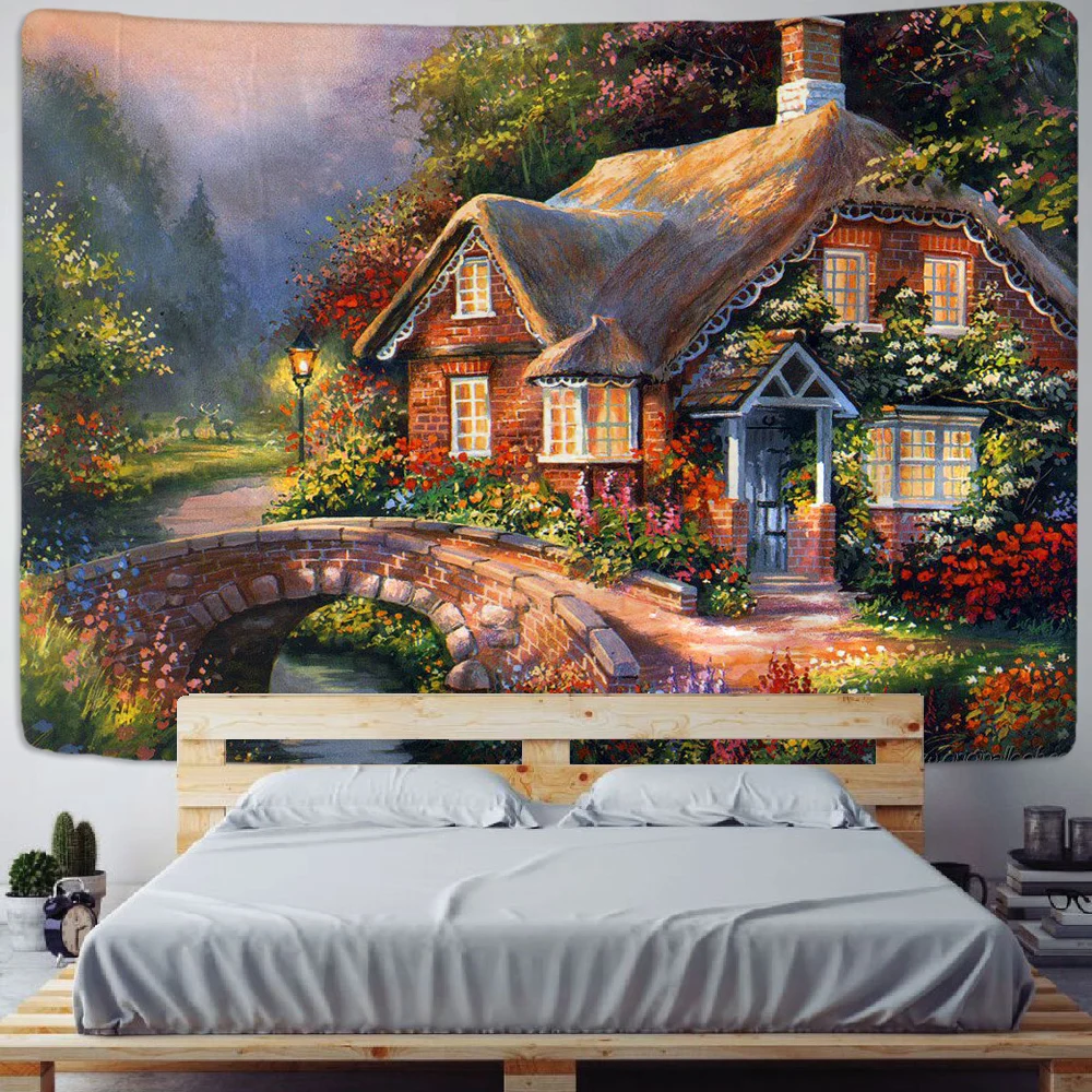 

Tapestry Fairy Tale Hut Forest Wall Hanging Hippie Pattern Bohemian Art Printed Tapestry Living Room Bedroom Bed Room Home Decor