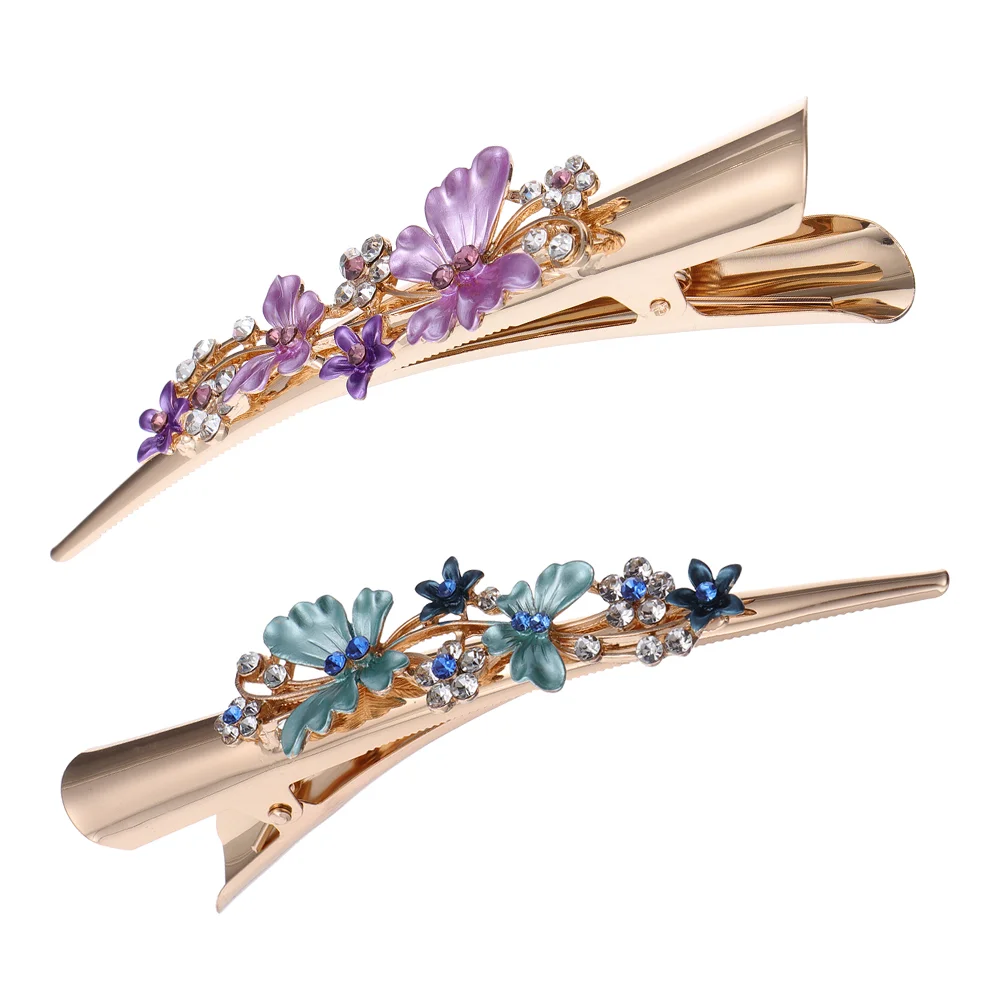 

2 Pcs Painted Duckbill Clip Delicate Headdress Women Hair Hairpin Rhinestone Accessories Floral Snap Clips Simple Alloy