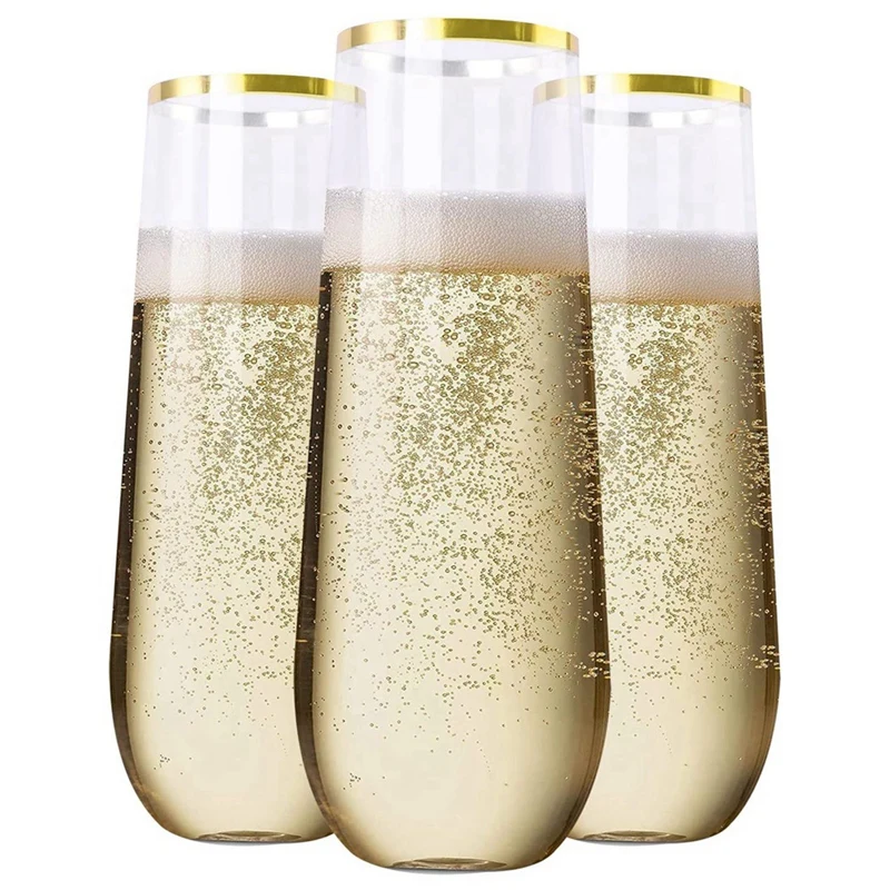 

24 Pieces Stemless Plastic Champagne Flutes, 9Oz Gold Rim Plastic Champagne Glasses, Clear Plastic Toasting Glasses