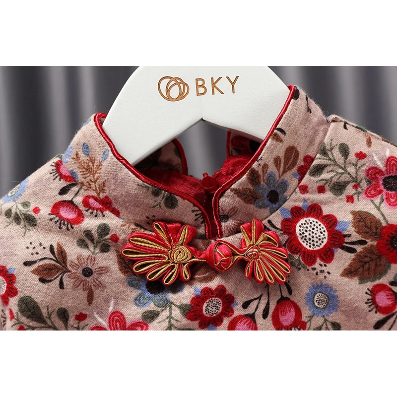 Китайский чехонгсам для девочек детей с бантом, цветочным принтом, винтажным ханьфу, нарядом на Новый год и Рождество, тангсуитом, красным воздушным платьем на зиму.