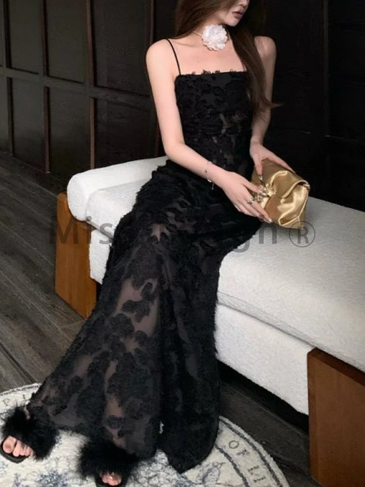 Черное сексуальное женское платье средней длины летнее Прозрачное на бретелях Y2k