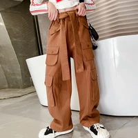 girls cargo pants 2022 autumn high waist pockets design streetwear teenage kids pants casual all match school children trousers