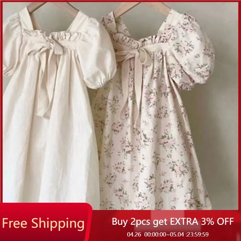 

Ins Baby Girl Puff Sleeve Dresses Summer Bowknot Flowers Princess Vintage Dress Holiday Party 1-6T Clothes for Young Girls