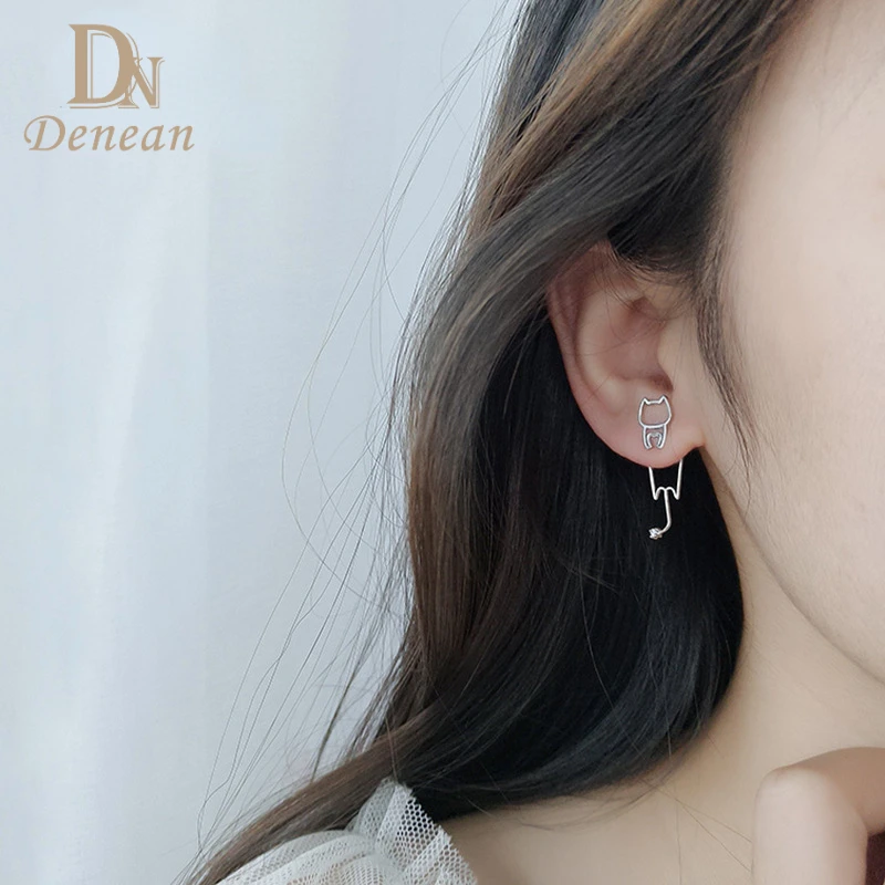 

Denean S925 Sterling Silver Kitten Stud Earrings Hollow Out Cute Cat Animal Multiple Ways of Wearing Earings for Women Jewelry