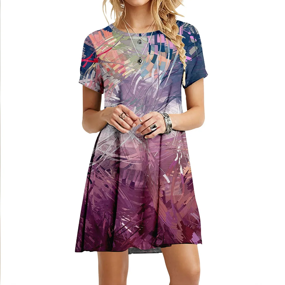 

Color Striped Tie-dye Style Personalized Short-sleeved Dress Women's Light Effect Printing Fashion Casual Starry Sky Loose Top