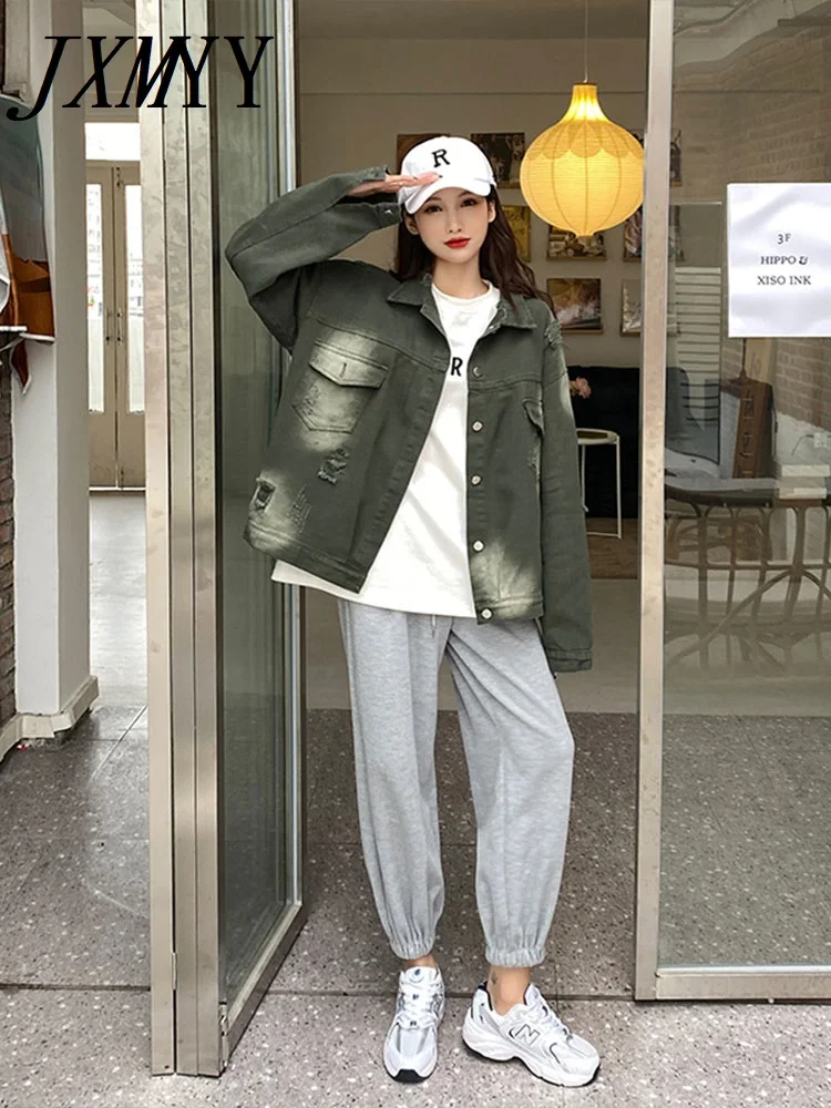 2022 Spring New Fashion Denim Jacket Women's Retro Old Ripped Hole Tie-Dye Loose Casual Long-Sleeved Clothing |