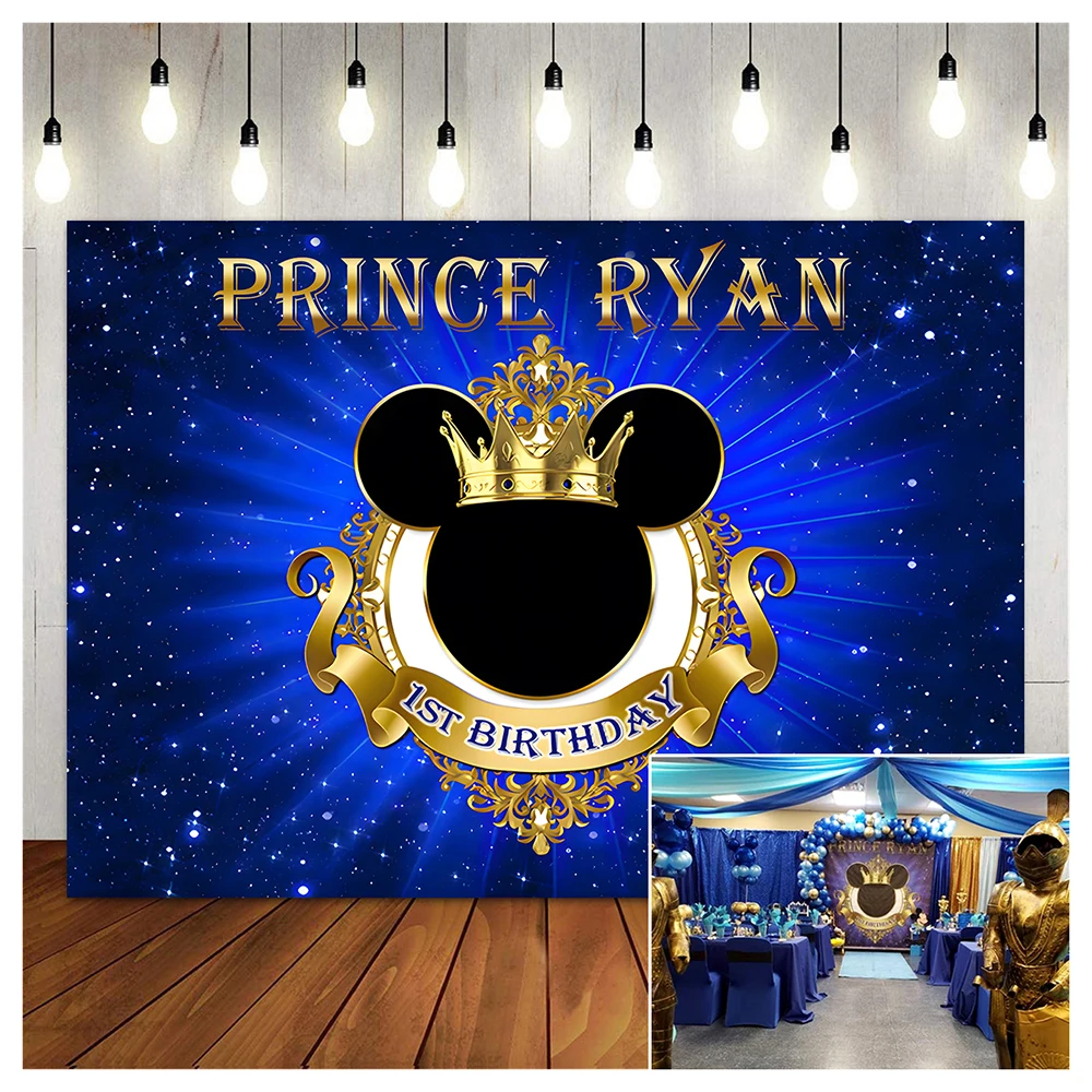 

Customized Backdrop for Boys Royal Prince Mouse Head Gold Crown Happy Birthday Photography Background Party Banner Photo Booth