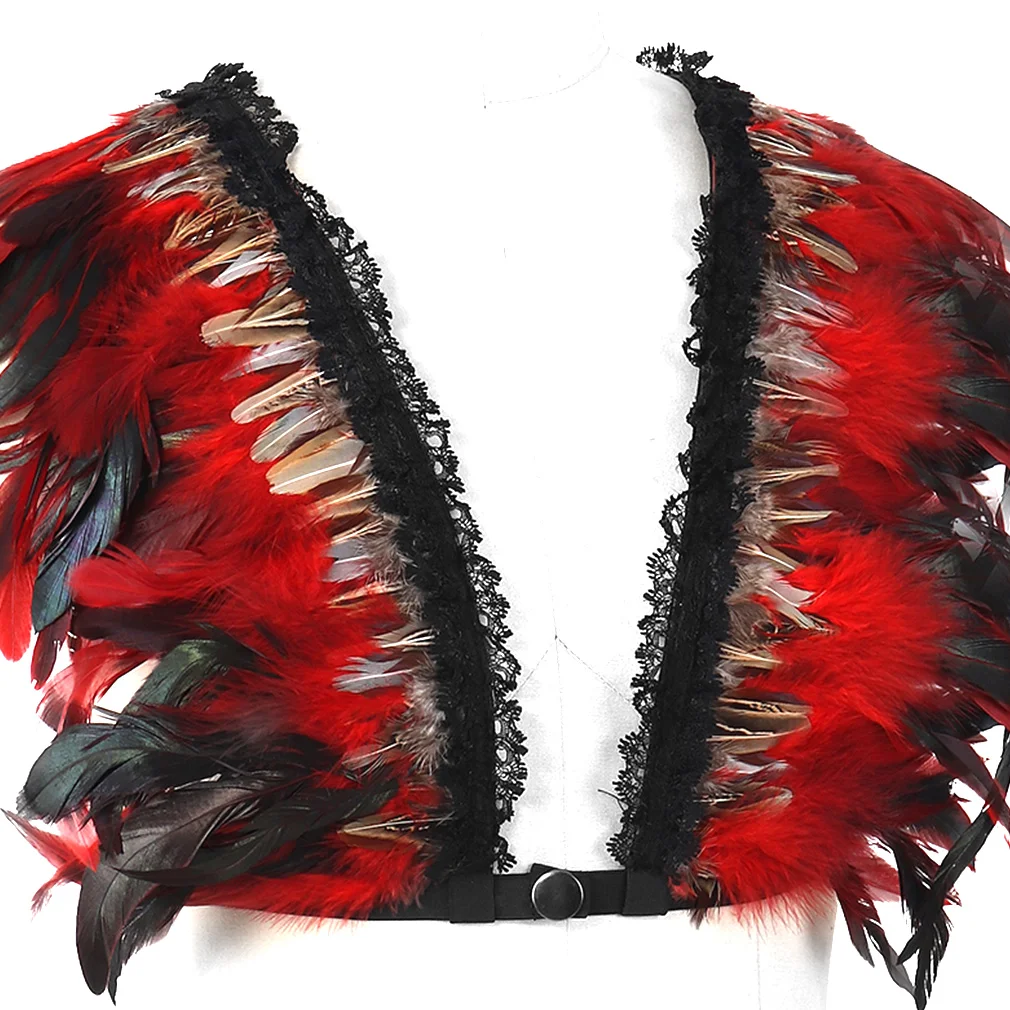 Red Natural Feather Shrug Shawl Shoulder Cape Gothic Collar Plus Size Ties Cosplay Costume Party Body Cage Harness Bra Belt