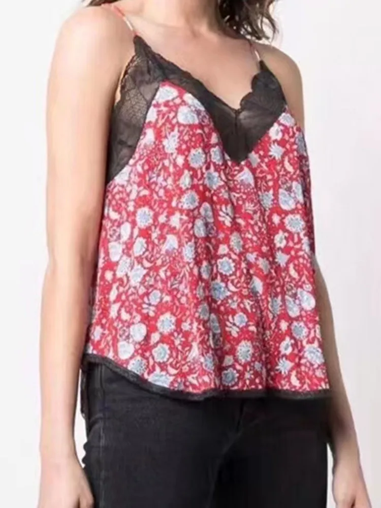 

Женский кружевной топ из 100% вискозы, топ на бретельках с цветочным принтом и V-образным вырезом, пикантная красная кофта без рукавов, весна-л...