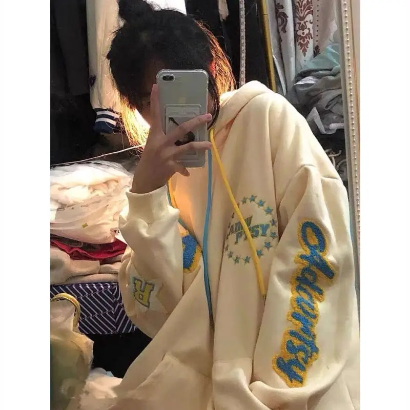 

Autumn and Winter New American Retro Solid Color Casual Wild Letter Printing Loose Fashion Trend Plus Velvet Thick Sweater