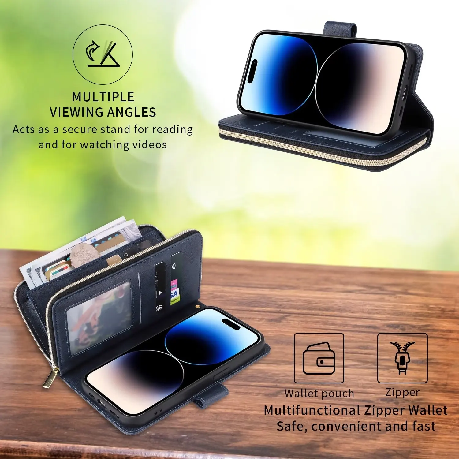 Противоударный чехол-бумажник с 9 отделениями для карт и молнией Iphone 14 plus 13 12 mini 11