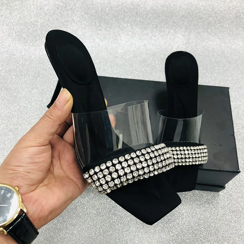 

Woman Pumps Slippers Rhinestones Thin High Heels Female Summer Shoes For Ladies Sandals 2022 Rhinestones High-Heeled Slides
