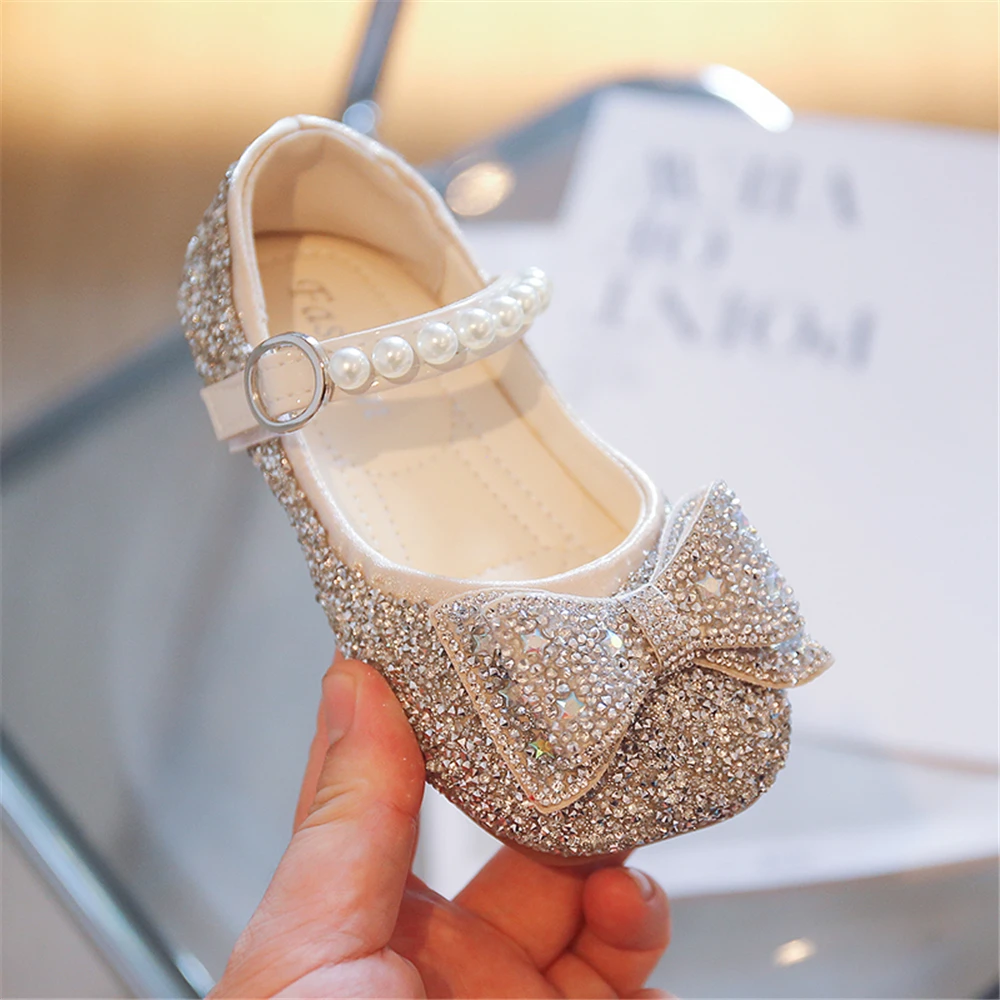 BAXINIER Princess Girl Glitter Shiny Sandals Toddler Rhinestone Bowtie Party Dress Shoes Baby Kids Cute Crystal Flats Clogs