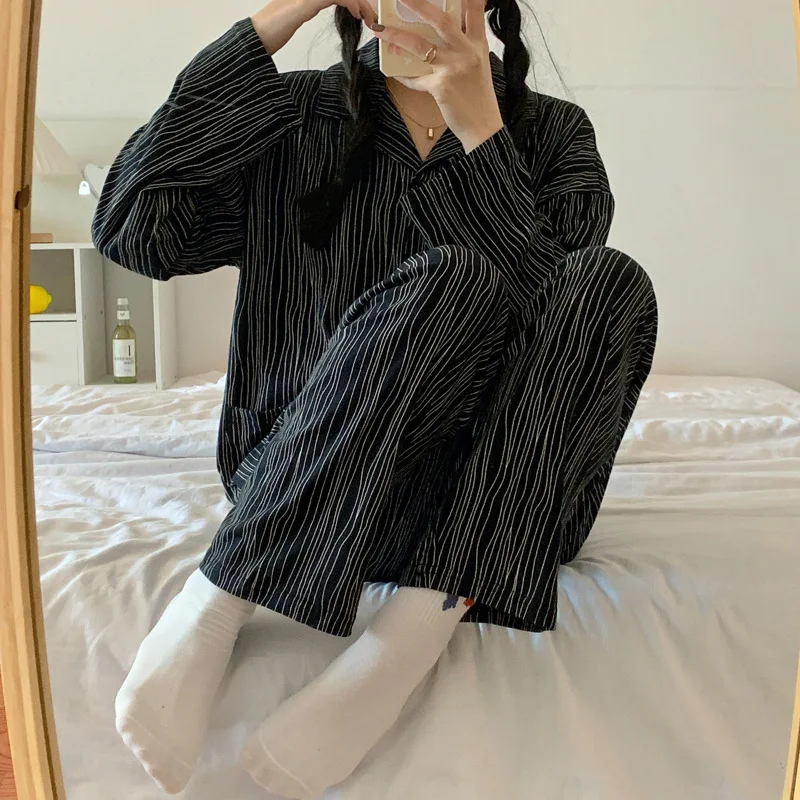 Ins Style Spring Autumn New Ladies Striped 2 Pieces Long Sleeve Pajamas Fashion Nightwear Women Chic Casual Homewear